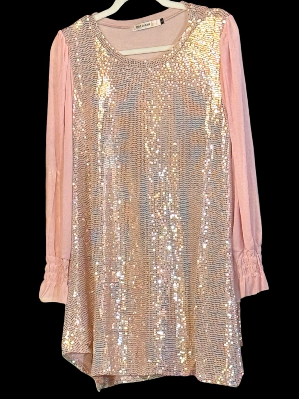 Origami Mauve Pink Sequin Lightweight Tunic Sheer Ruffle Sleeve